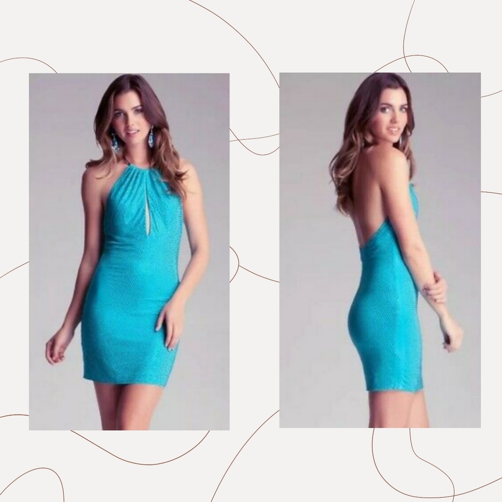 bebe aqua blue turquoise stud crystal halter deep v neck keyhole dress XSmall